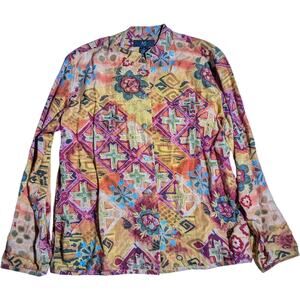 Vtg Y2K Ios Colorful Batik Print Embroidered Lightweight Button Up Jacket Sz M